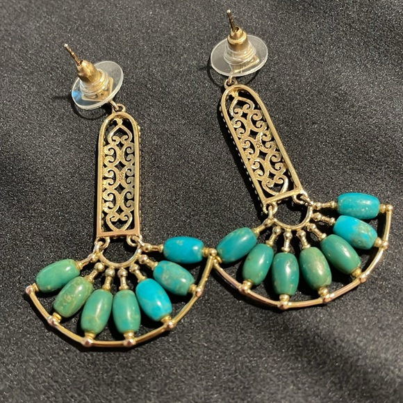 Vintage 925 Silver and Gold Tone Overtone Faux Turquoise Drop Earrings - Picture 4 of 12